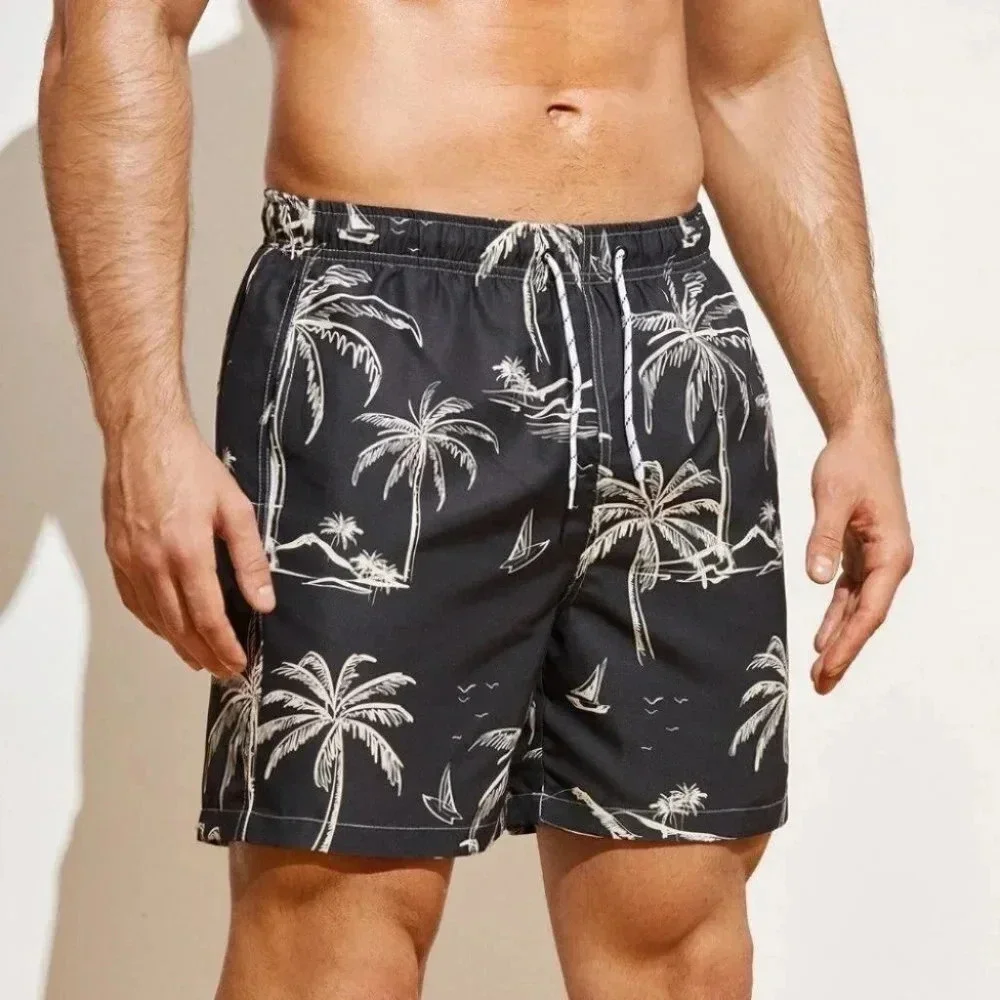 Black Vacation Style Men's Coconut Tree Print Swim Trunks - Picture 1 of 5